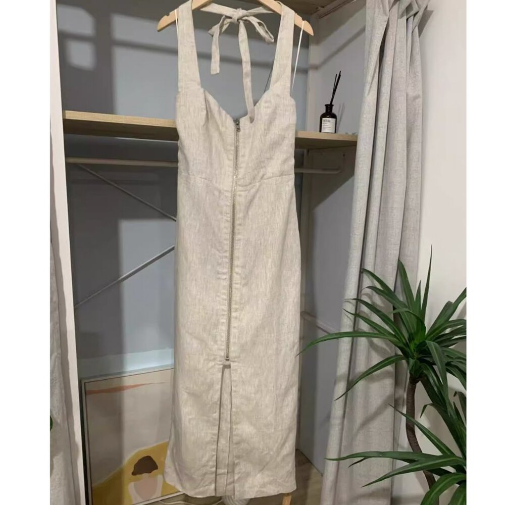 NWT Reformation Edina Linen Dress Sz2 Oatmeal Linen Causal Halter - Picture 7 of 12